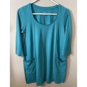 Purejill Curved Seam Tunic Teal Two Pockets 3/4 Sleeve Soft 'n Comfy 100% Cotton